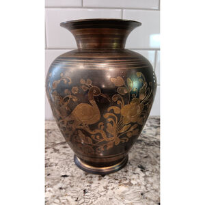 Vintage India Brass Black Hand Painted Married Couple Floral Etched Vase